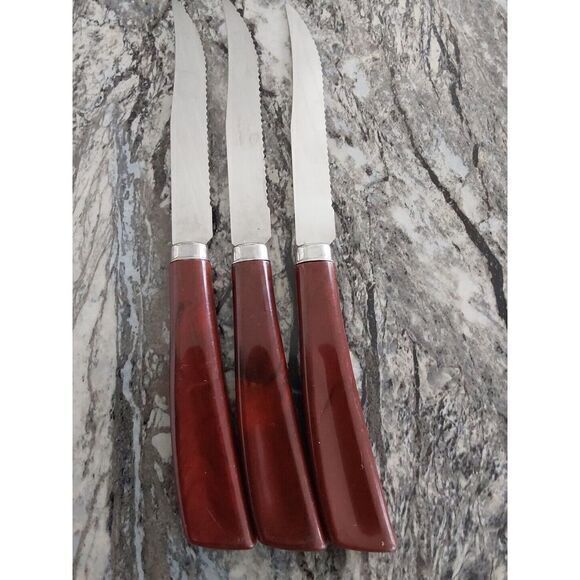 Vintage Estate‎ Quitkut Stainless Steel Steak Knives with Handle -USA- Set Of 3 - Picture 2 of 3